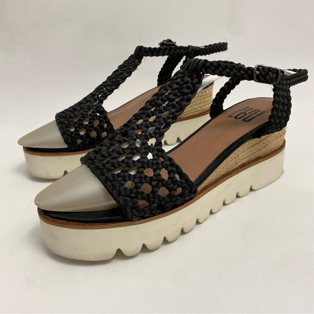 BIBI LOU Platform Sandals 7 - 7.5 / 38 Black Woven Ankle Strap Open Toe Wedge - Picture 15 of 16